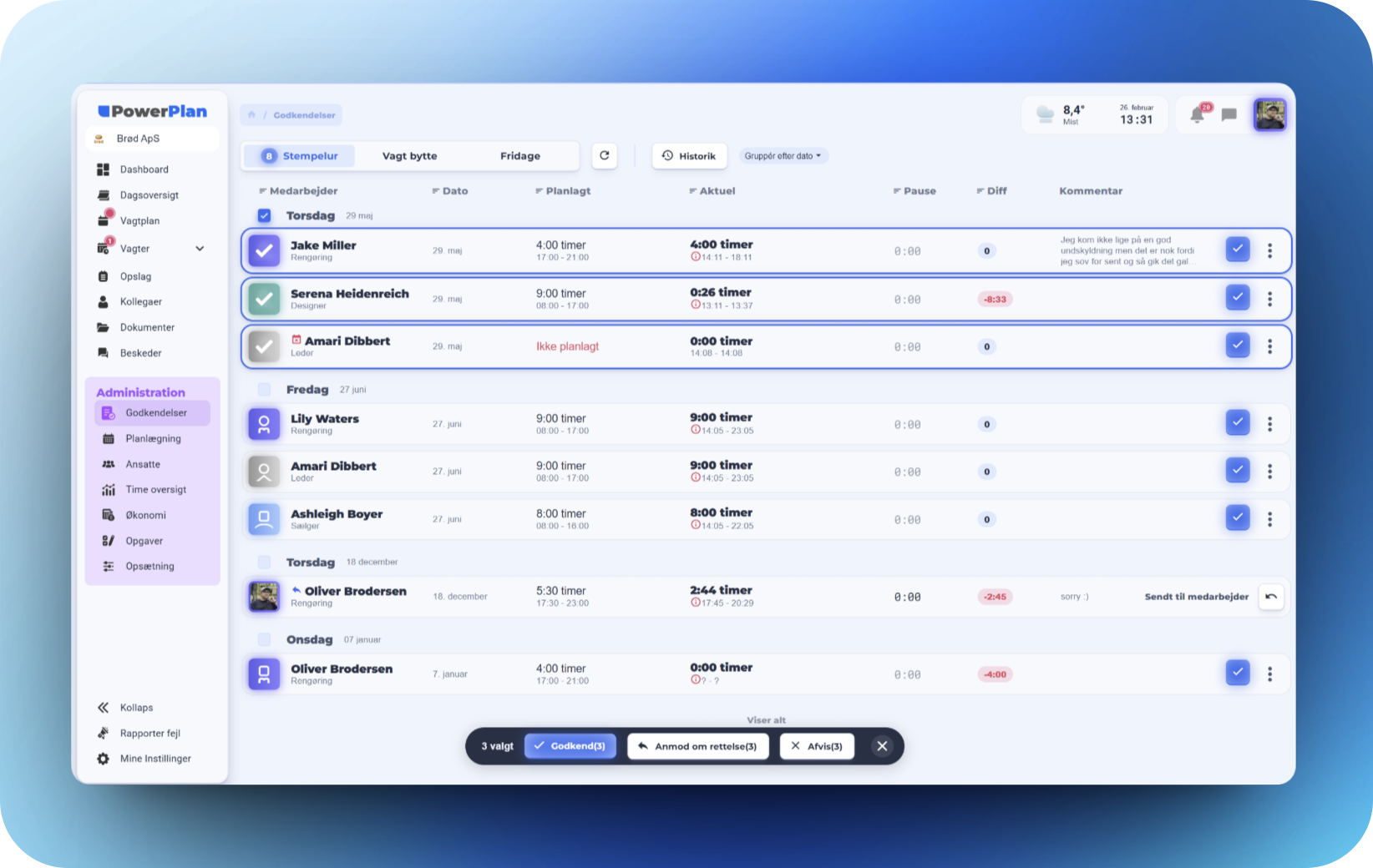 Screenshot af godkendelses siden under timeregistrering