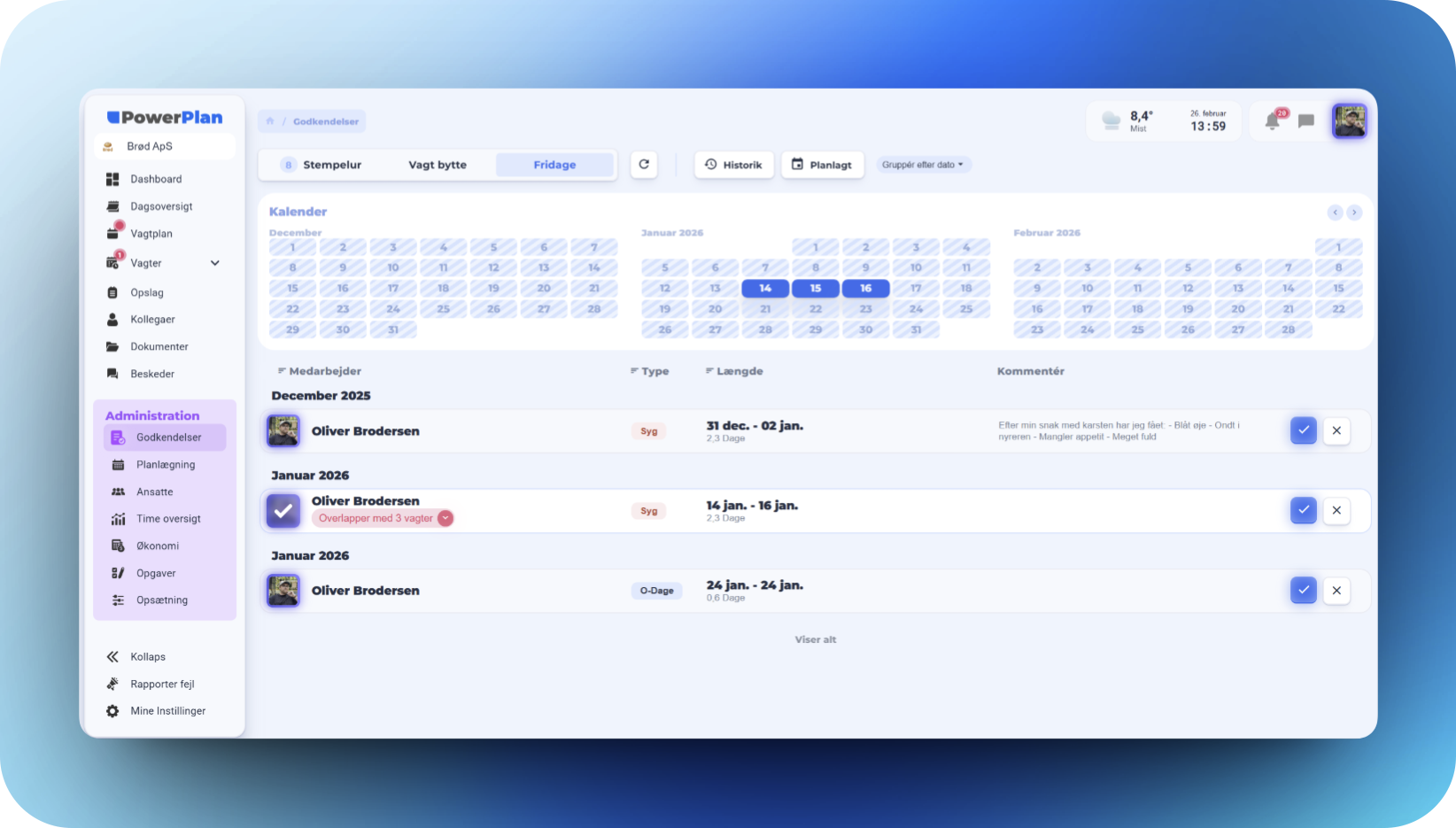 Screenshot fra PowerPlan med godkendelse af ferie/fraværd